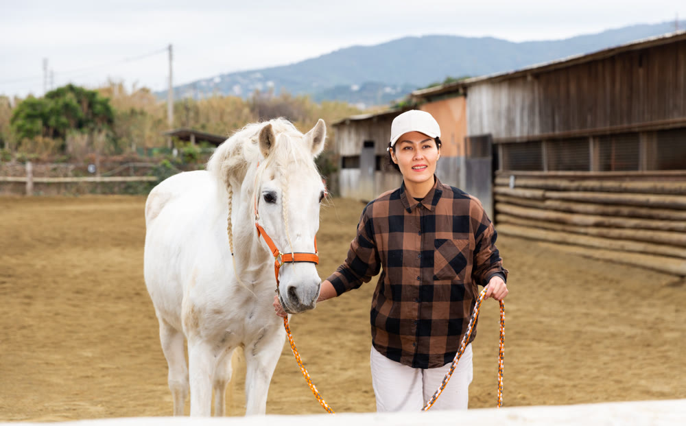 Positive female jockey walking white horse in paddock