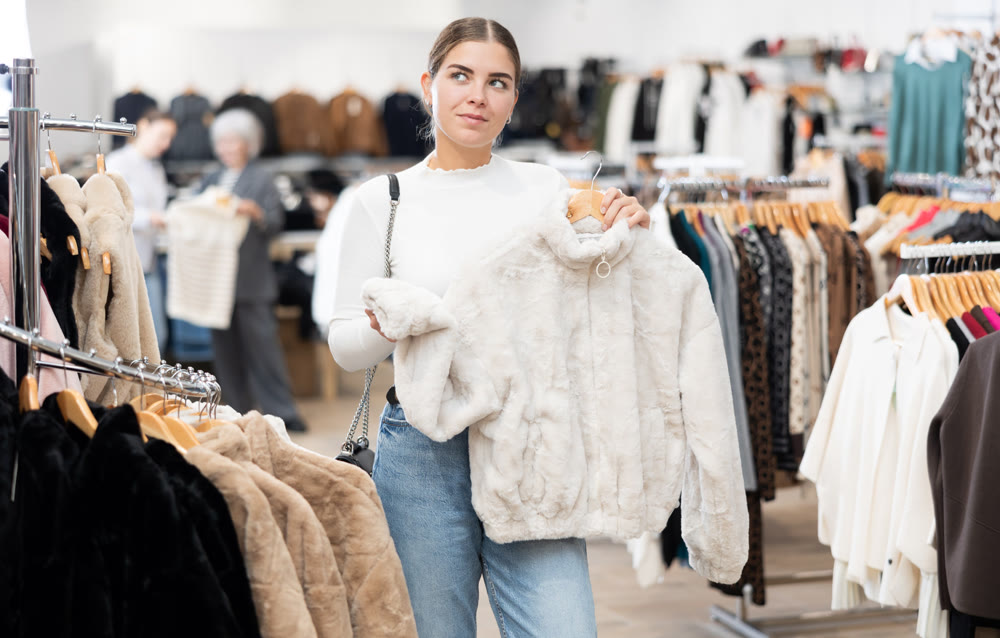 Young girl choosing short fur coat in clothing shop