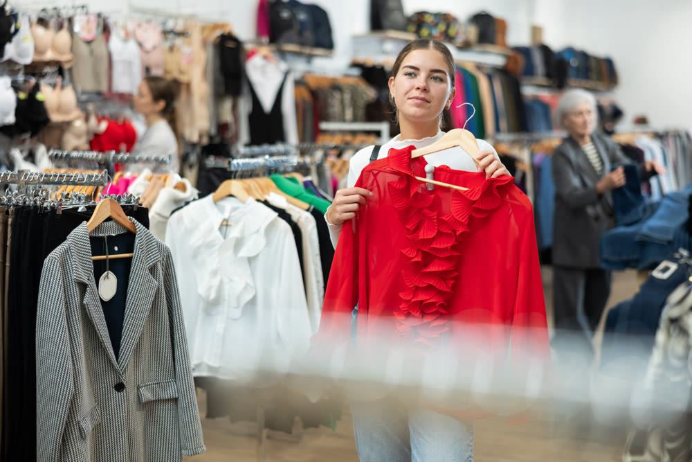 Young girl choosing red blouse in clothing store