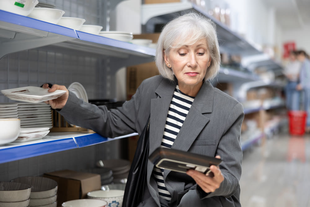Senior woman in supermarket is choosing square plates with oriental style