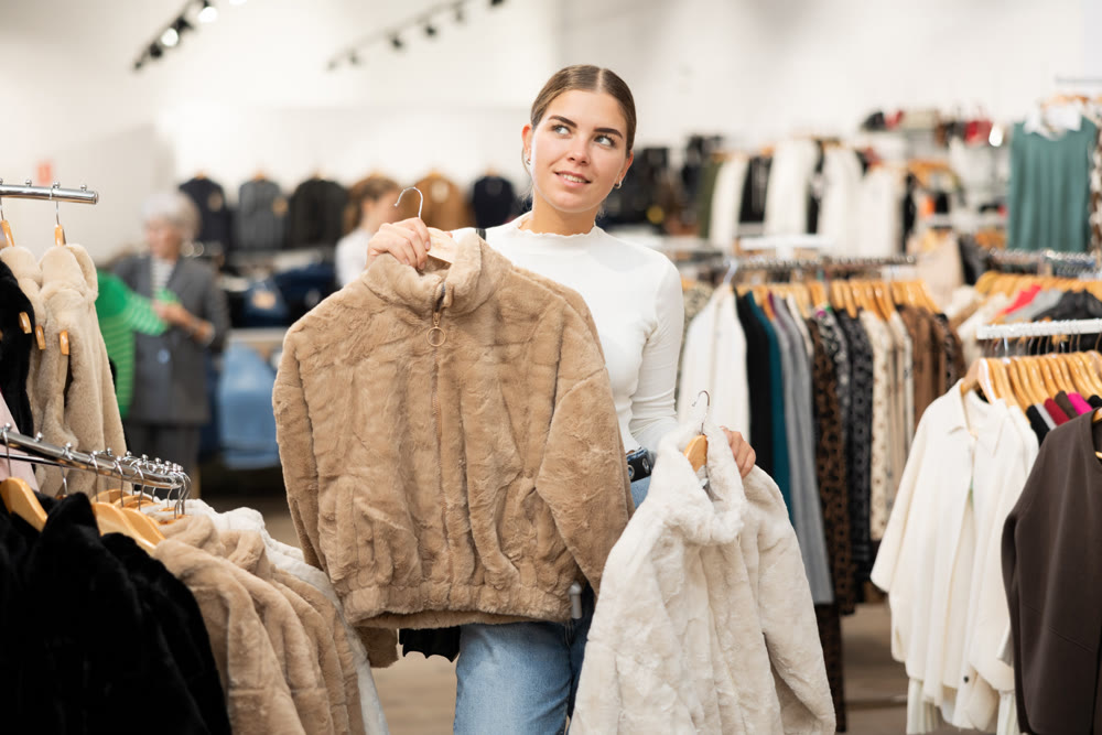 Young woman choosing fur coat in store