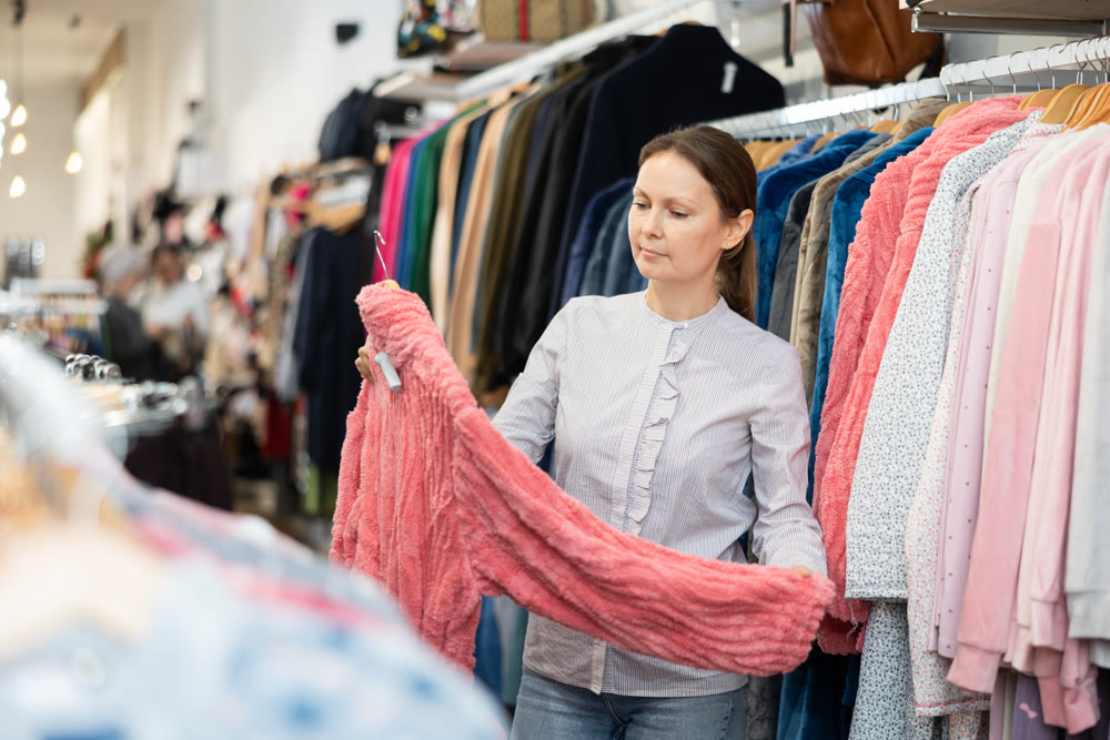 Adult woman choosing bathrobe in store