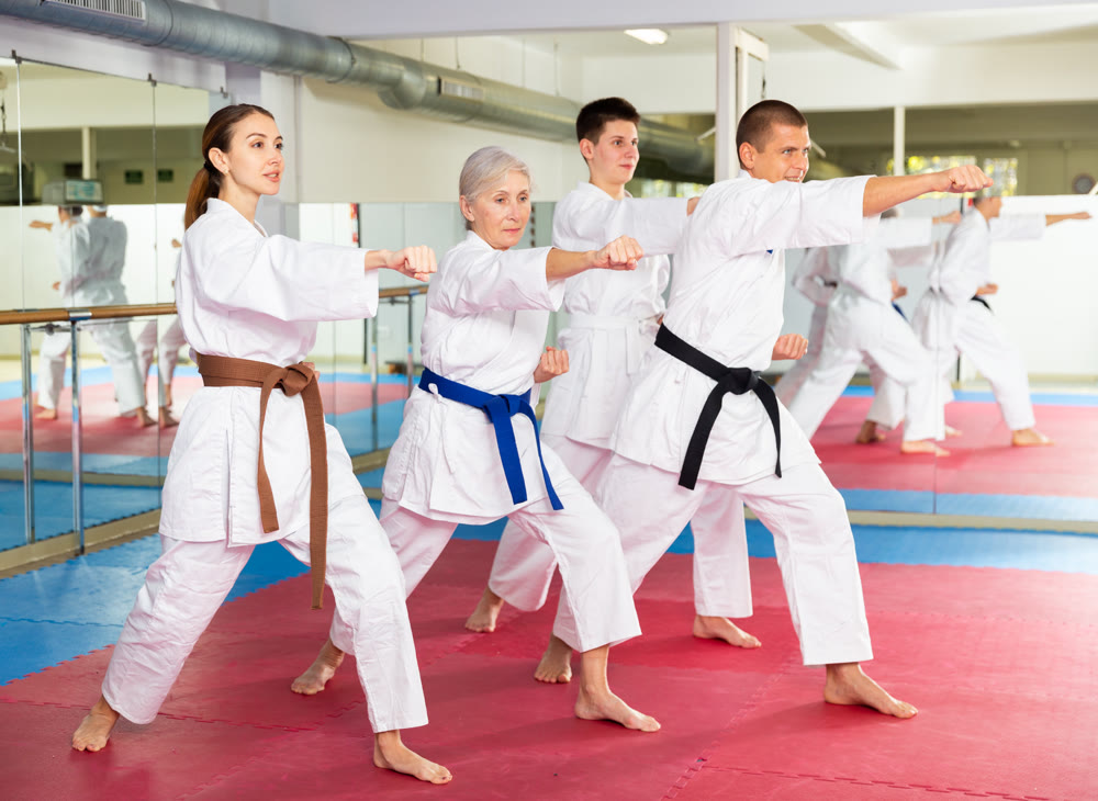 People in kimono trying new martial moves at karate class