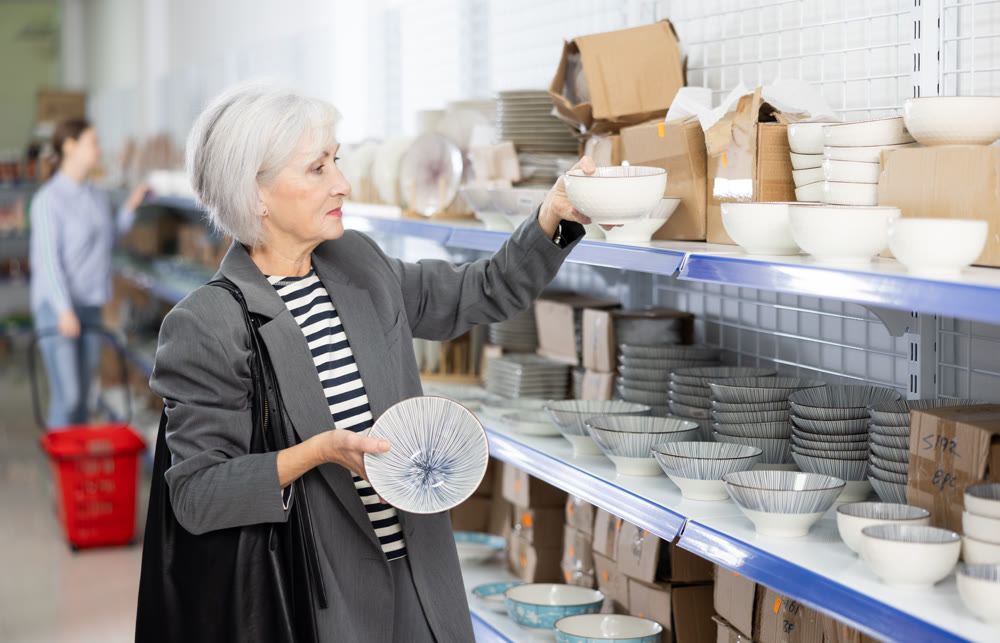 Senior woman in supermarket is choosing plates with oriental pattern