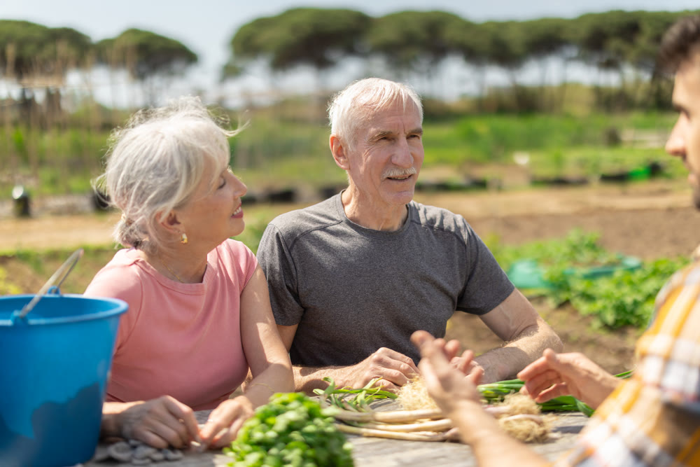 Young man and elderly couple sitting at table with harvest on field