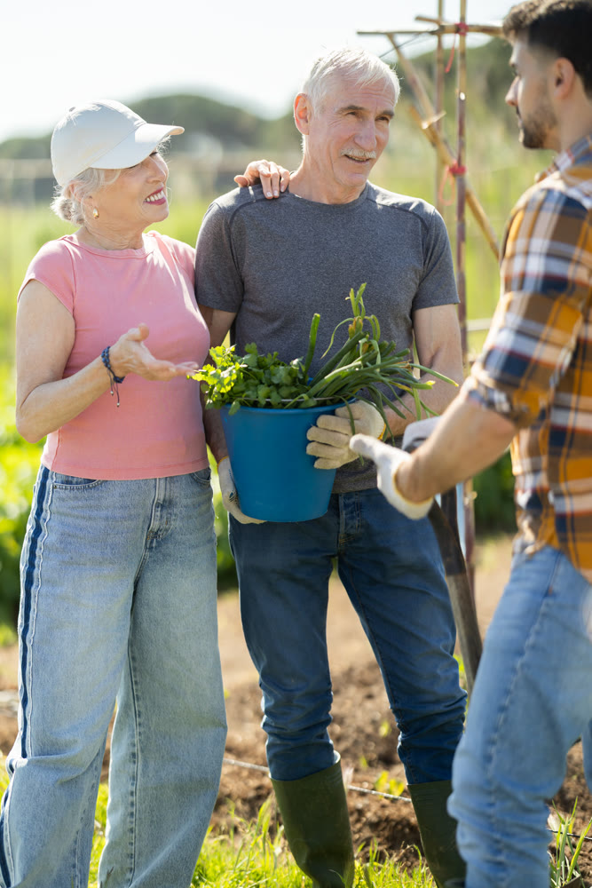 Farmers friendly talking outdoor on background with farm