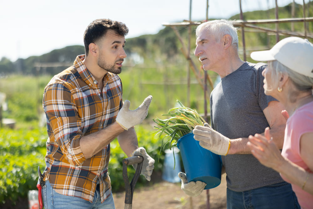 Elderly couple and young man arguing on farm field