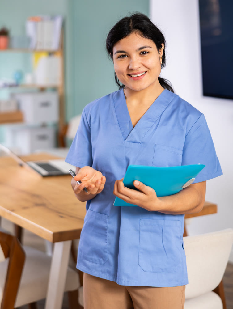 Doctor woman with document stands in office space