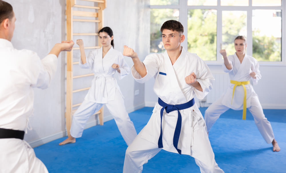 Group of people training karate technique