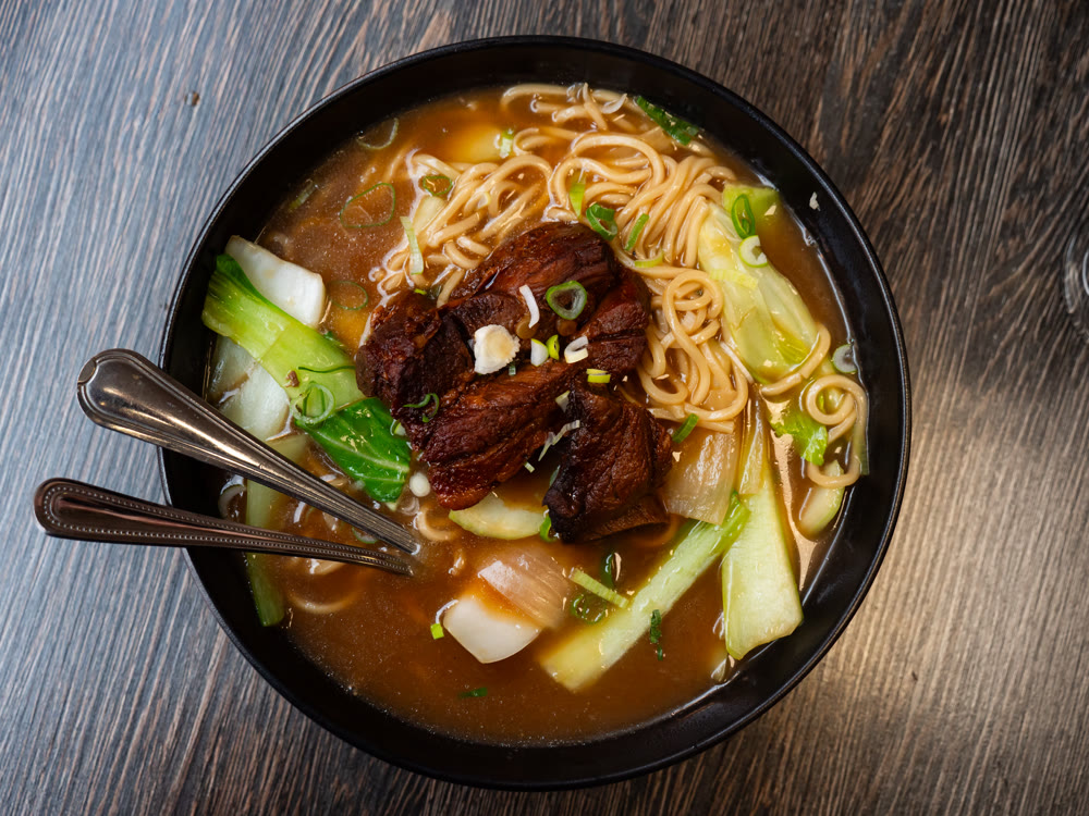Chinese pork rib noodle soup in bowl