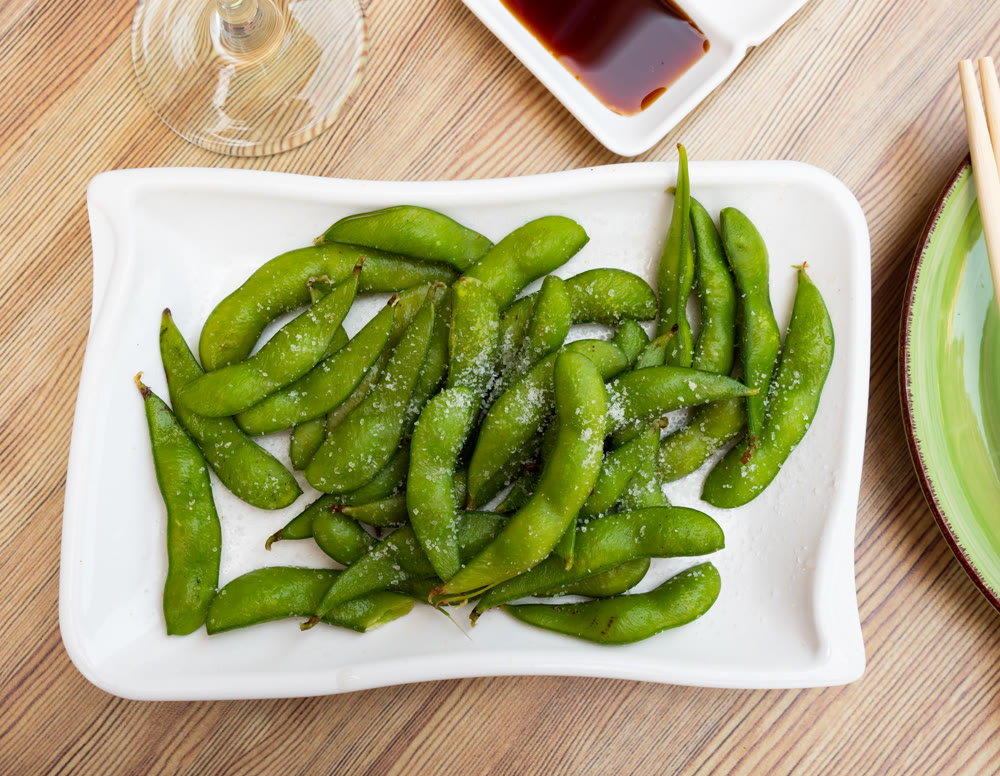 Edamame green soybeans served in bowl