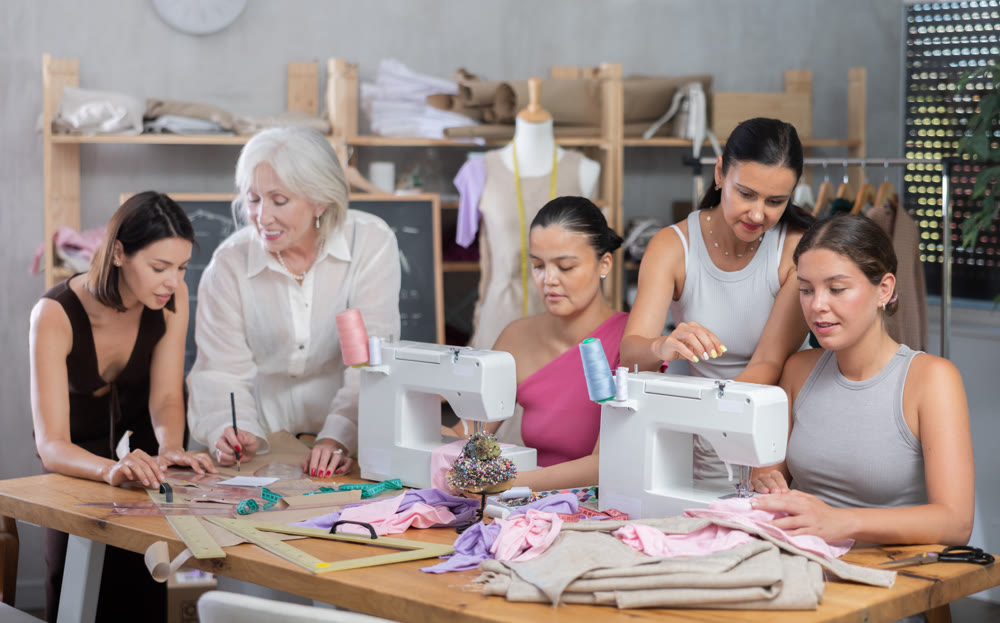 Group of women sew and draw pattern at sewing workshop