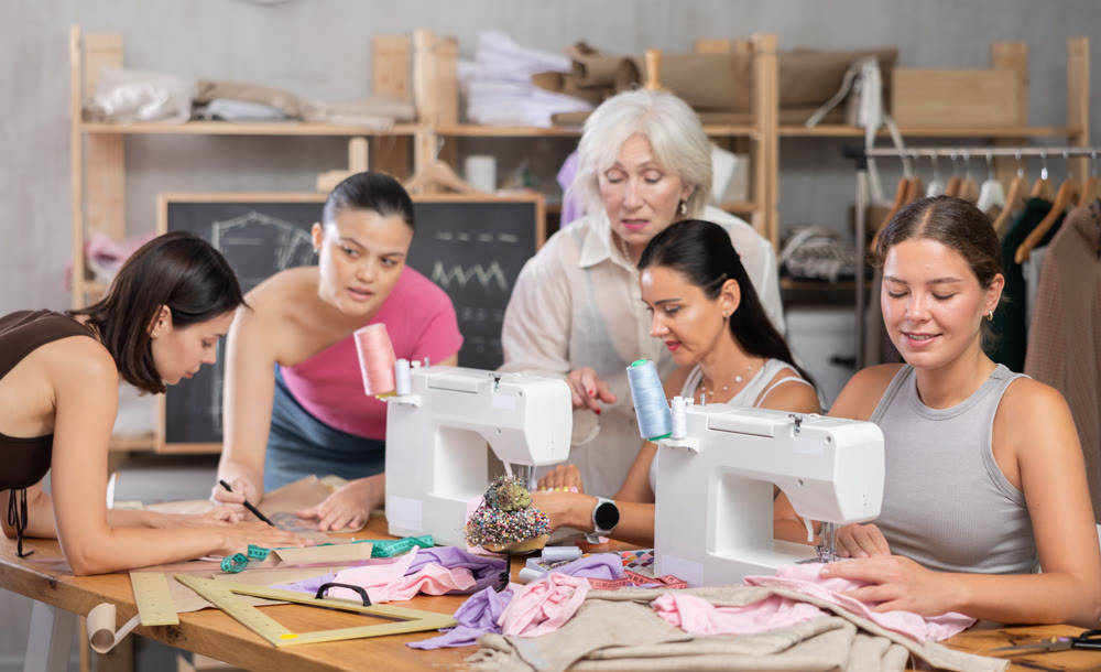 Group of busy women sewing and drawing with teacher at dressmaking courses