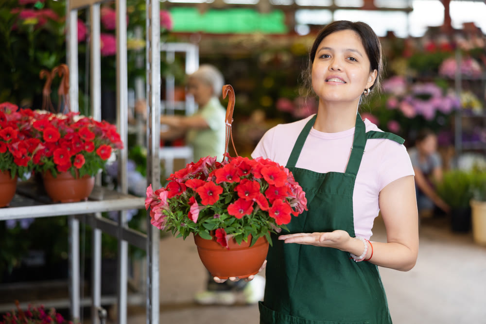 Middle-aged saleswoman holding petunia in flower-pot in open-air plants market