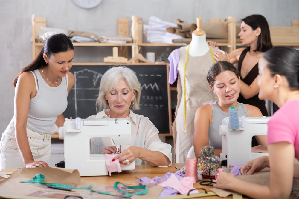 Group of women sew and work with mannequin at master class