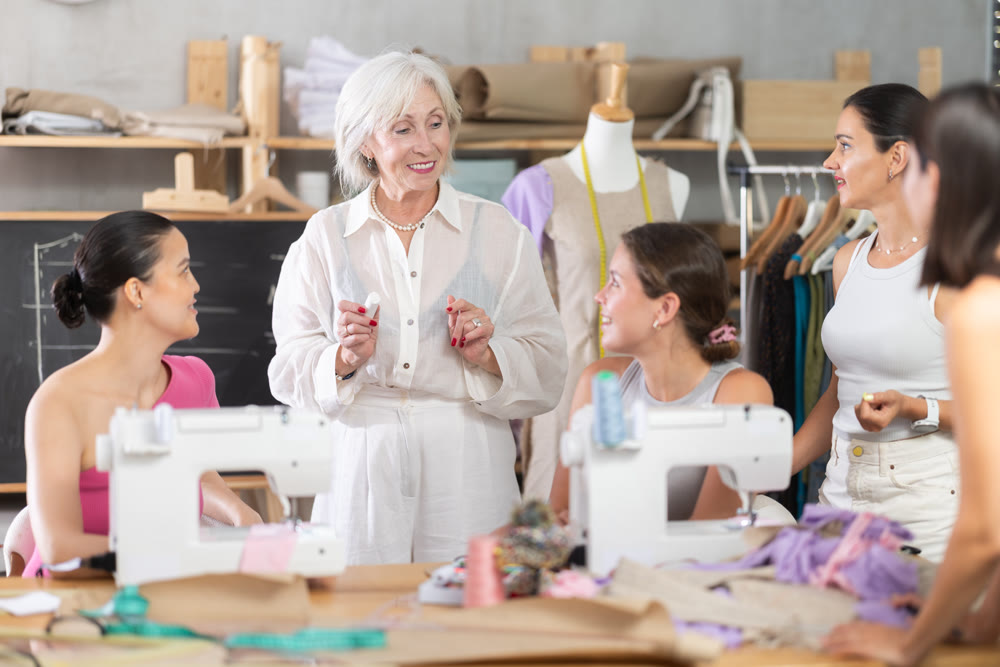 Female teacher explaining pattern structure by chalkboard during sewing course for adults