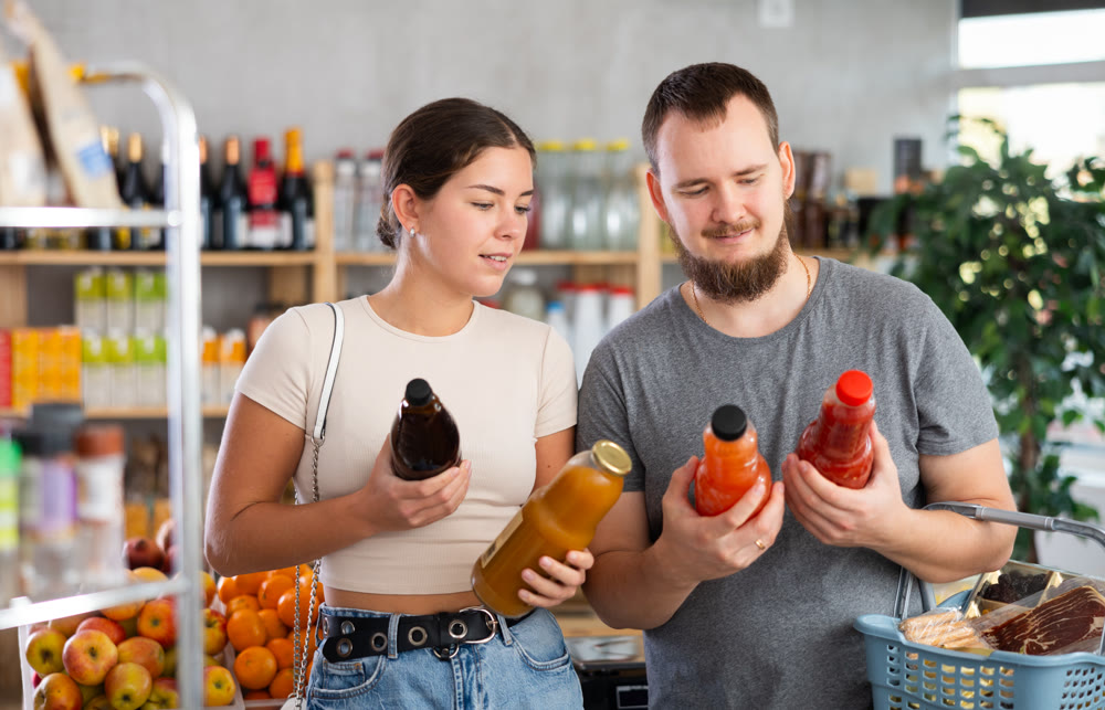 Couple man and woman choosing juices in grocery store