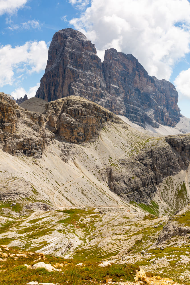 Rocky peak of Paternkofel in Sexten Dolomites mountain ridge