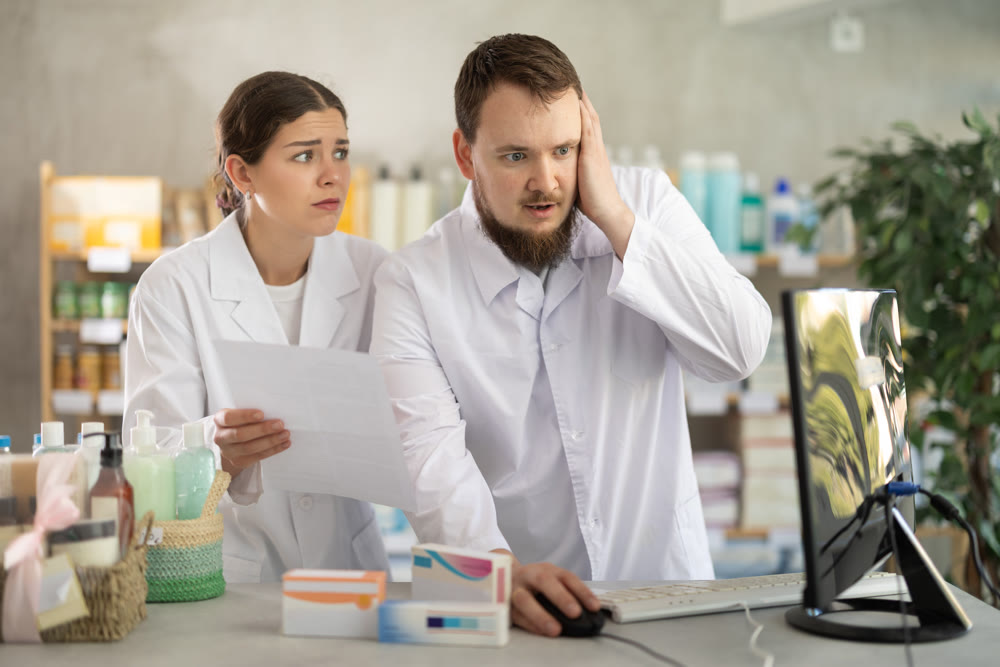 Two pharmacists annoyed near the computer