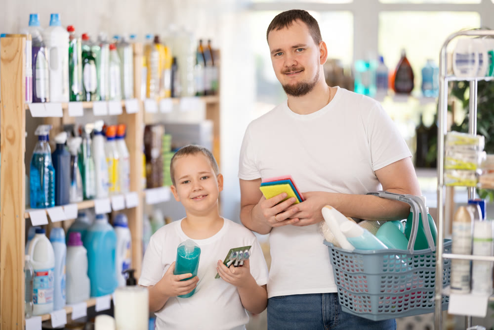 Dad and son filled shopping basket with household purchases, looking for missing items in window
