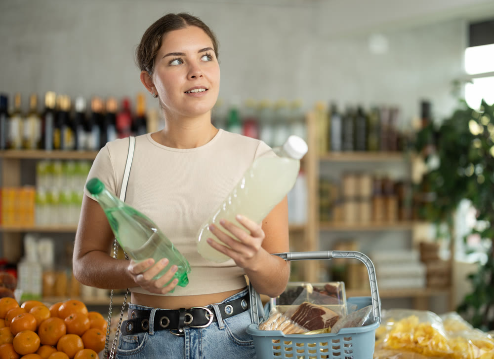 Young woman choosing soda in grocery store