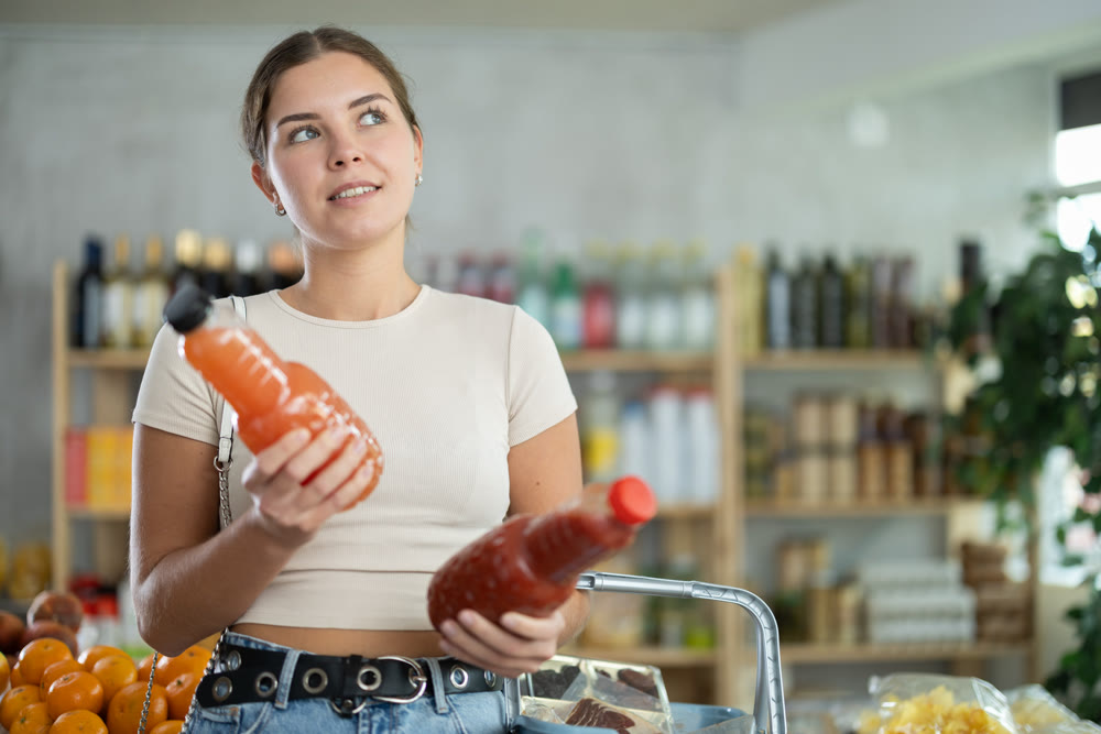 Girl hold packages bottles and choose consider juice in store
