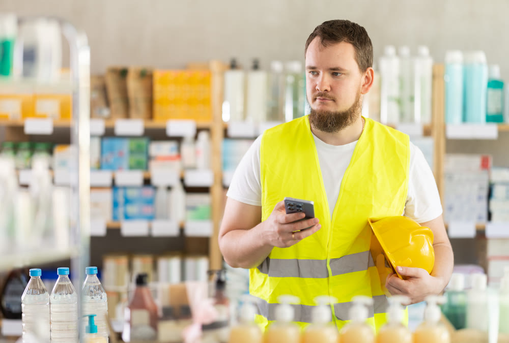 Young man builder with phone choosing medicines and hygiene products
