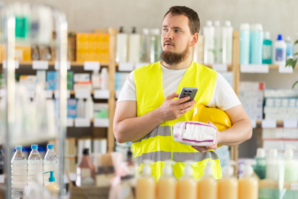 Checking expiration date of feminine pads - male builder scans QR code on label of feminine pads using smartphone