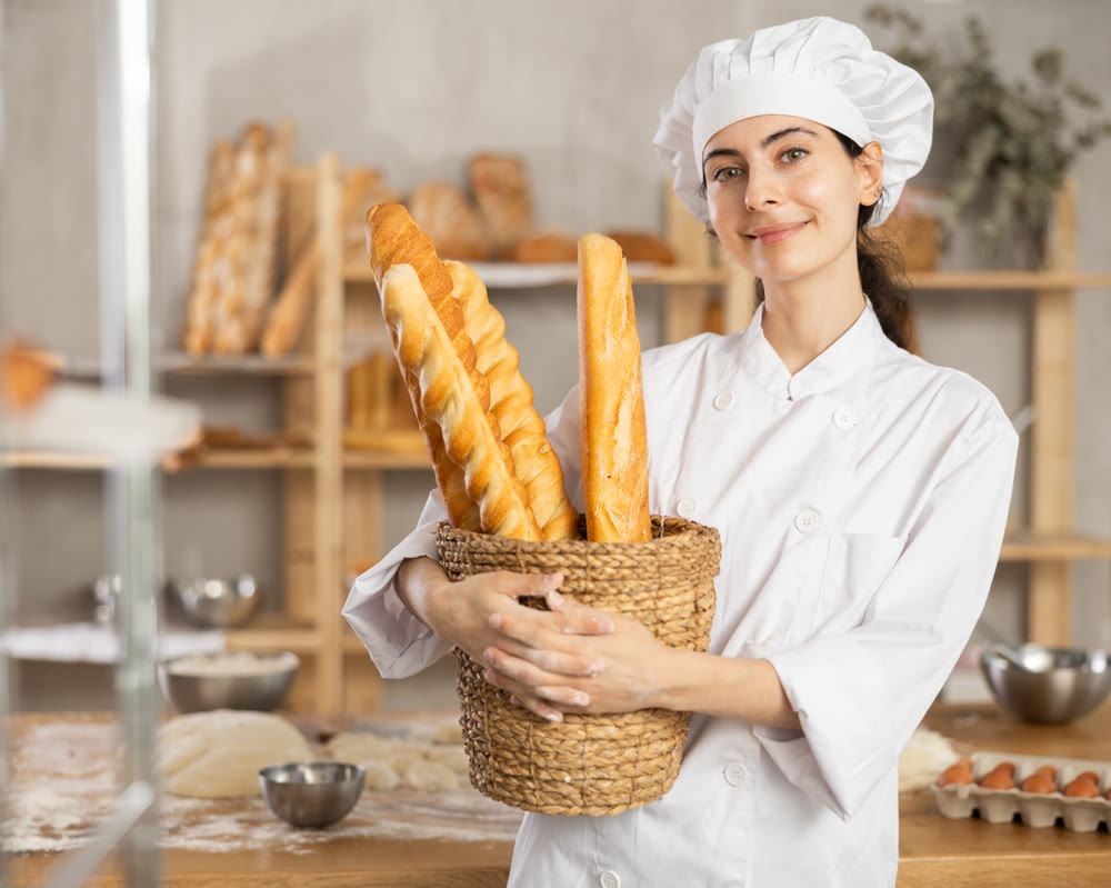 Young female baker with basket of baguettes