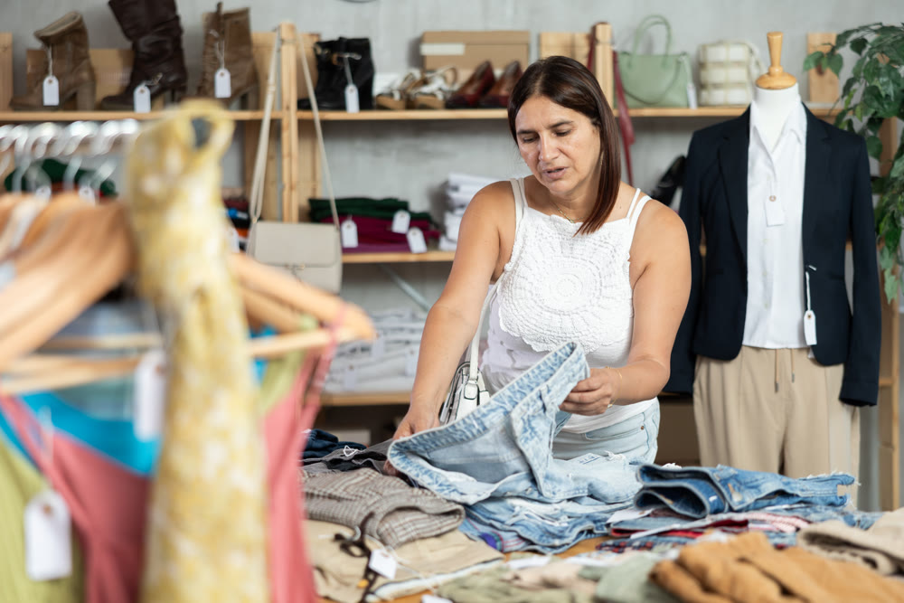 Latin woman customer turn over and choose denim shorts in store