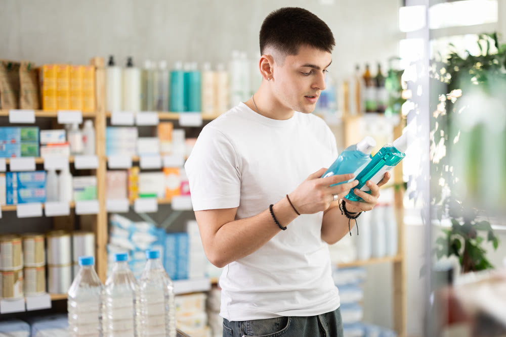 Guy chooses mouthwash at the pharmacy