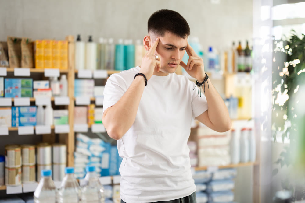 Sick man standing between shelves in drugstore suffering from headache or having migraine, choosing medicine. Health care and medicine concept
