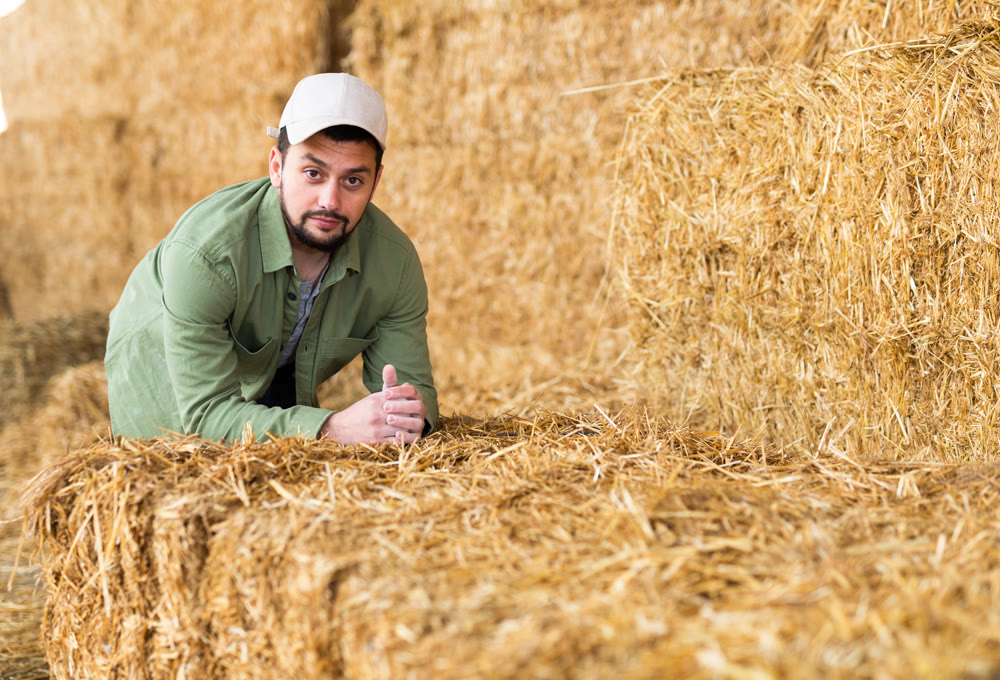 Male farmer posing against the background of hay bales in hayloft