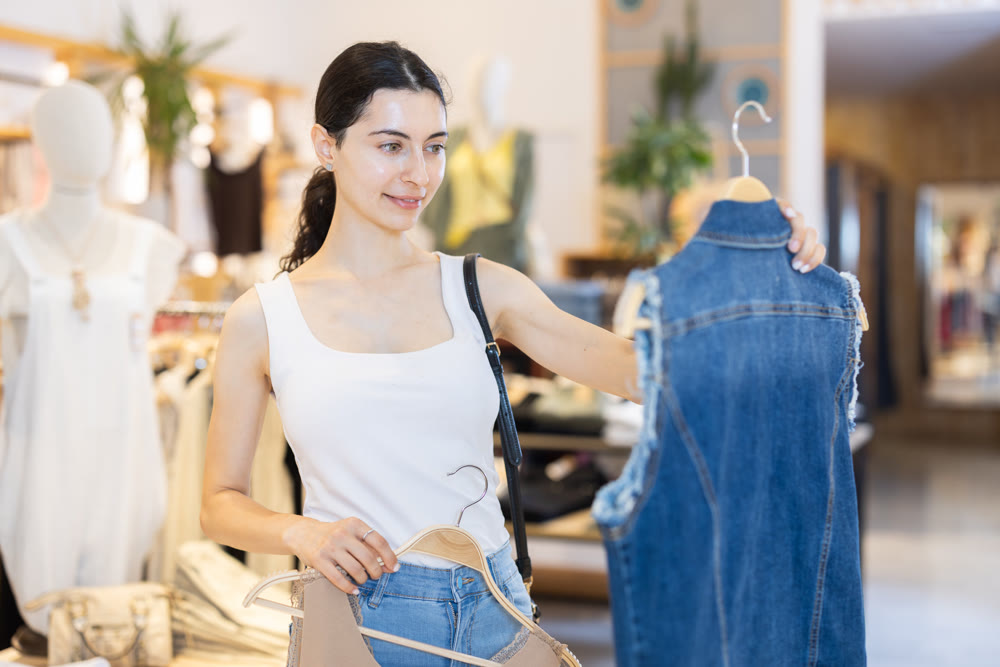Girl customer chooses denim sleeveless jacket in branded store