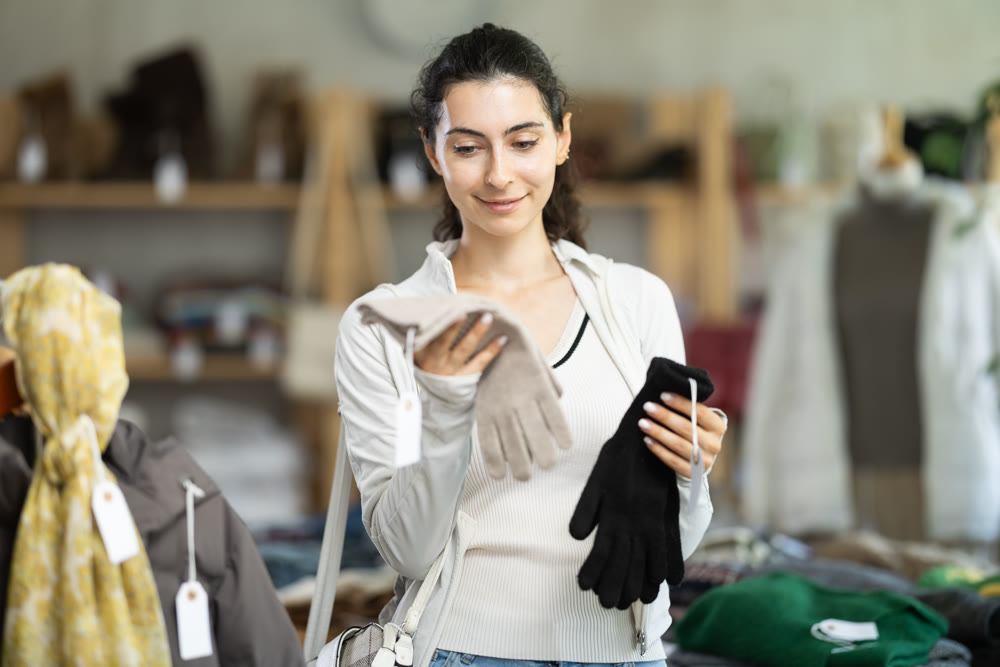 Young woman choosing gloves in clothing store