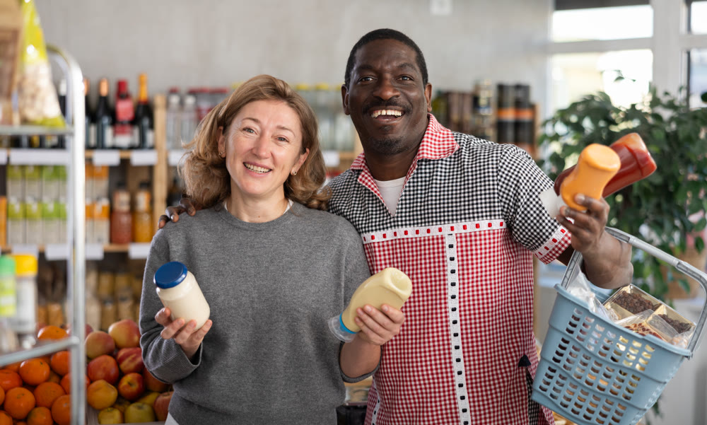 African man with European wife buyer select thoughtfully at bottles of different sauces