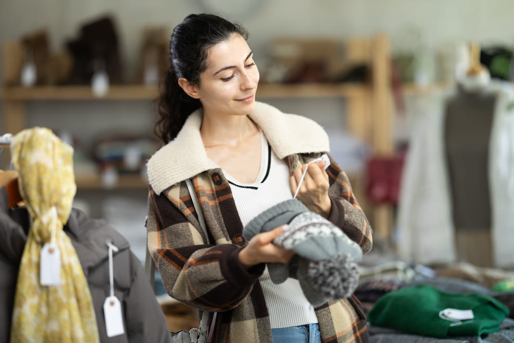 Armenian woman stands in a store and chooses knitted hats