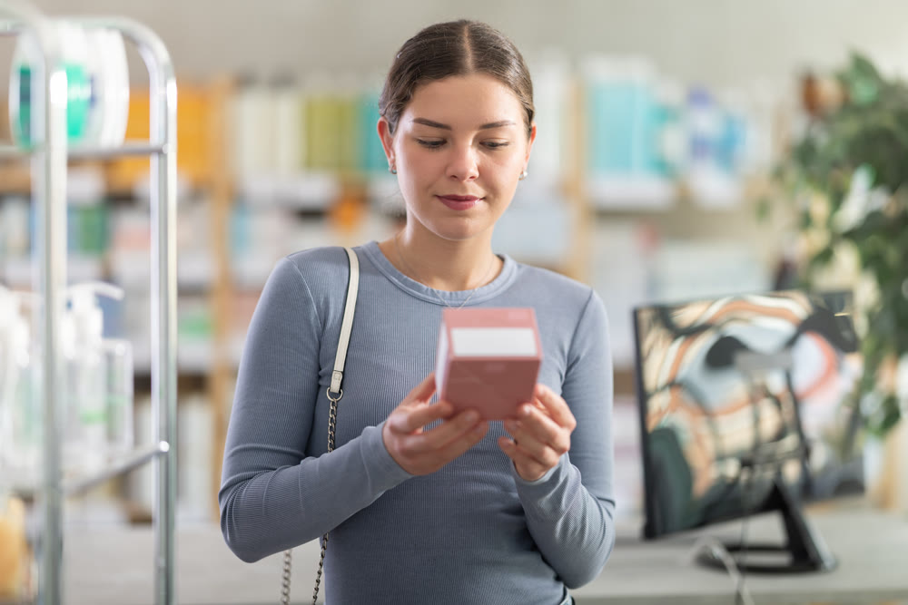 Young woman choosing prescribed medication at dispensary counter