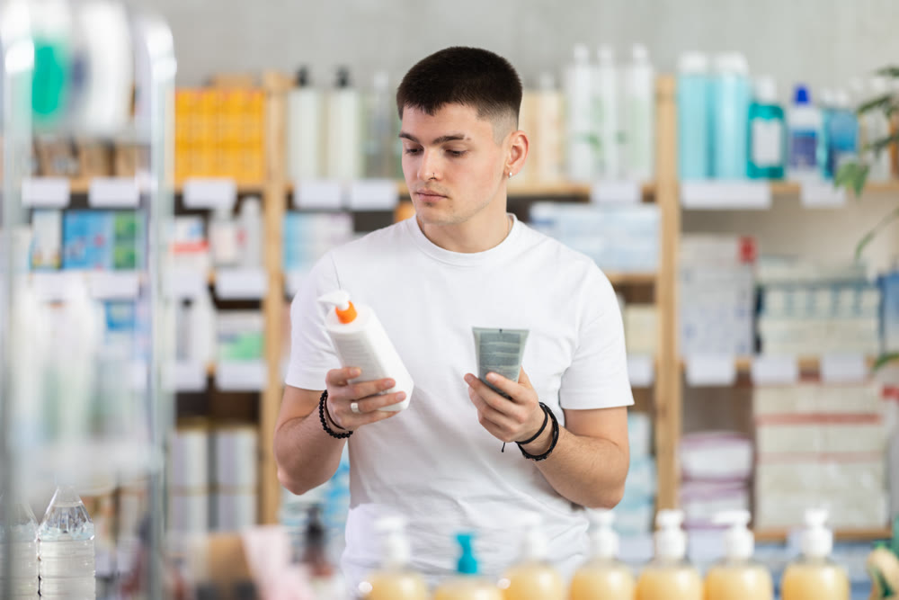 Young man choosing skin care lotion, sun protection gel or medical ointment in drugstore