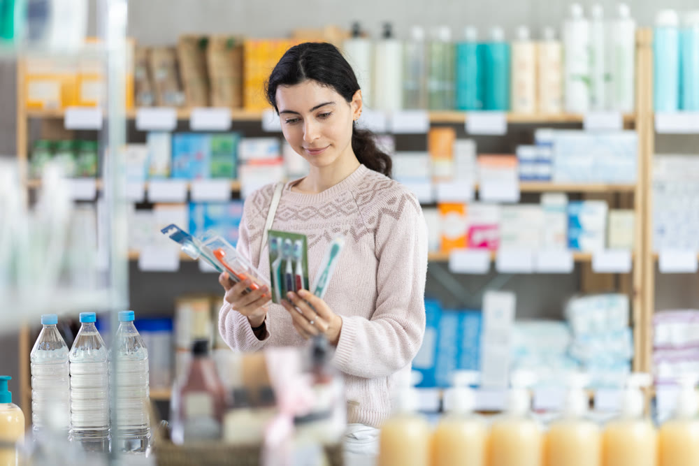 Female shopper chooses toothbrush in supermarket