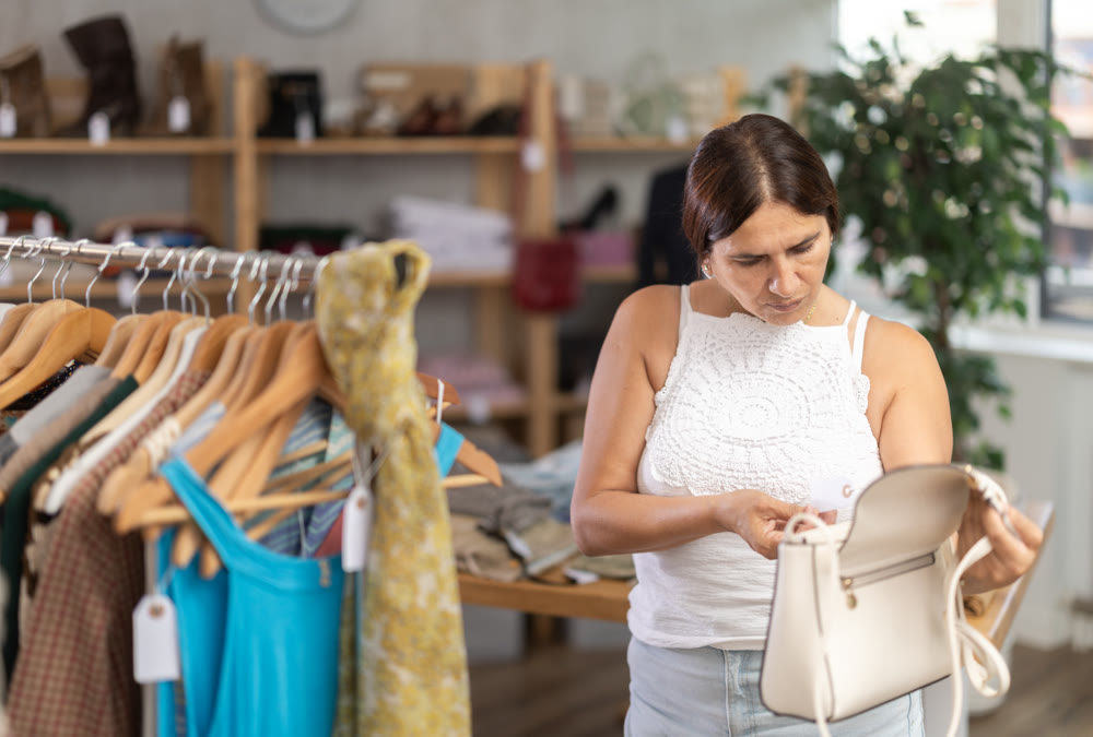 Woman view assortment in clothing department, buying lady handbag
