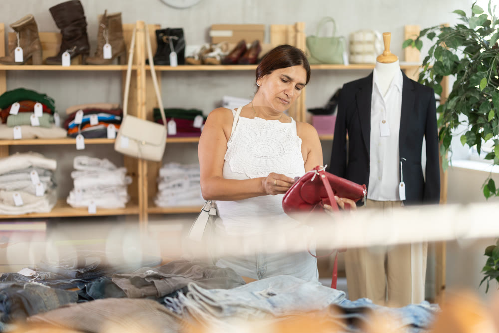 Woman view assortment in clothing department, buying lady handbag