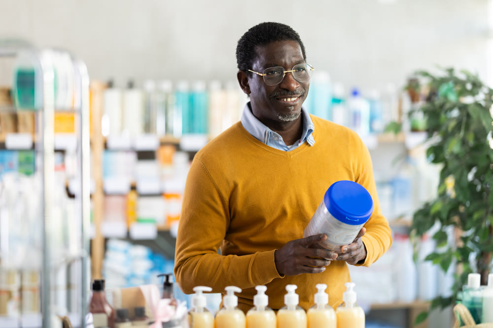 African American man choosing infant formula in pharmacy