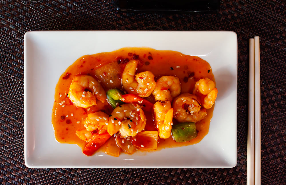 Shrimps in spicy sauce. Japanese food
