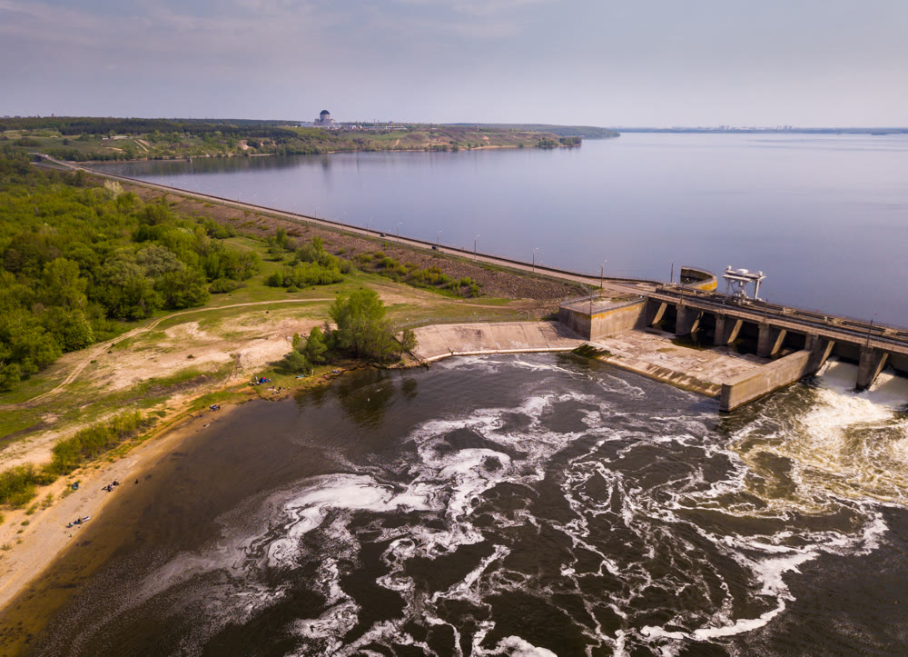Pressure water dam on the river in Voronezh city, Russia