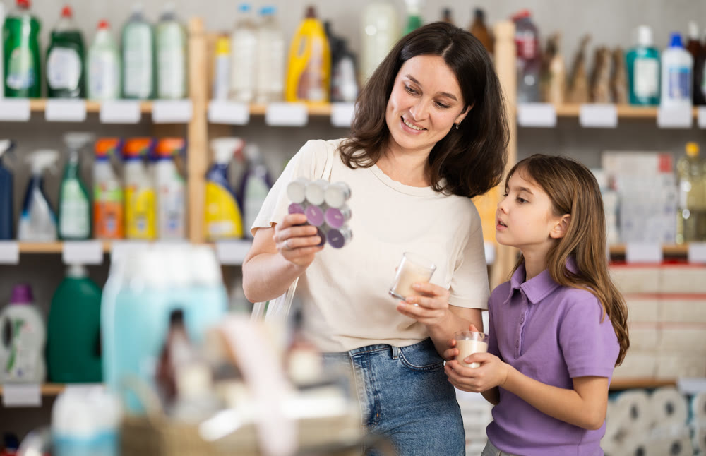 Woman with daughter choose scented candles in store