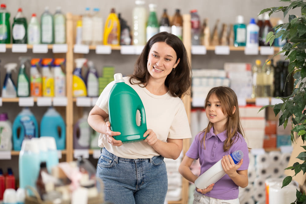 Woman and daughter buyer selects and carefully studies label, reads composition of liquid detergent