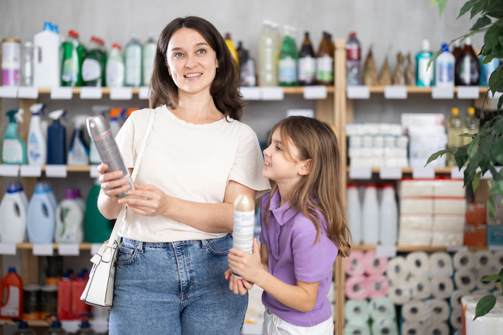 Little daughter and mother choose body deodorant together in supermarket
