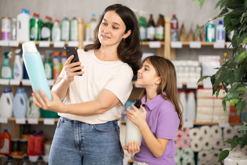 Mother and daughter checking expiration date of shampoo or shower gel using her smartphone in supermarket