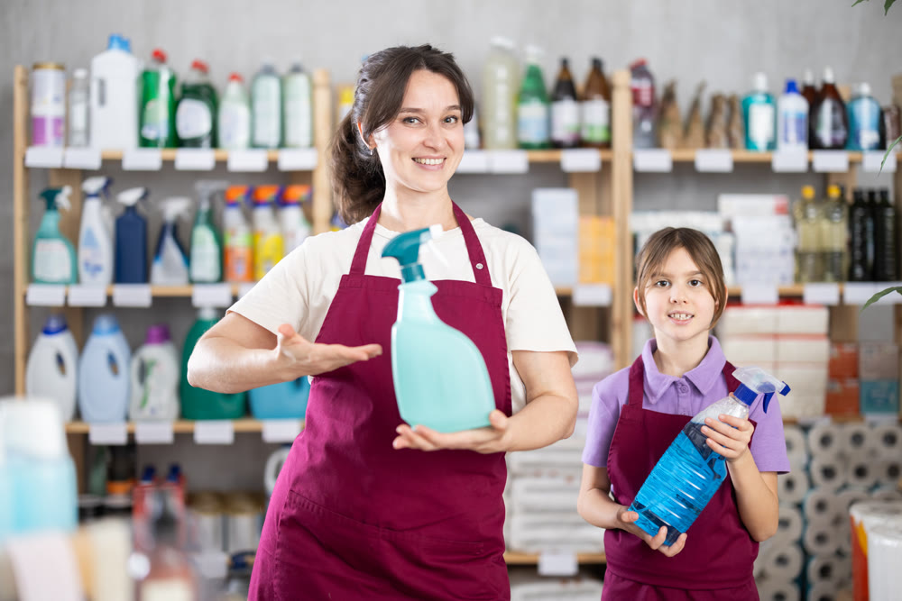 Portrait of two positive adult and little salespeople in household goods supermarket
